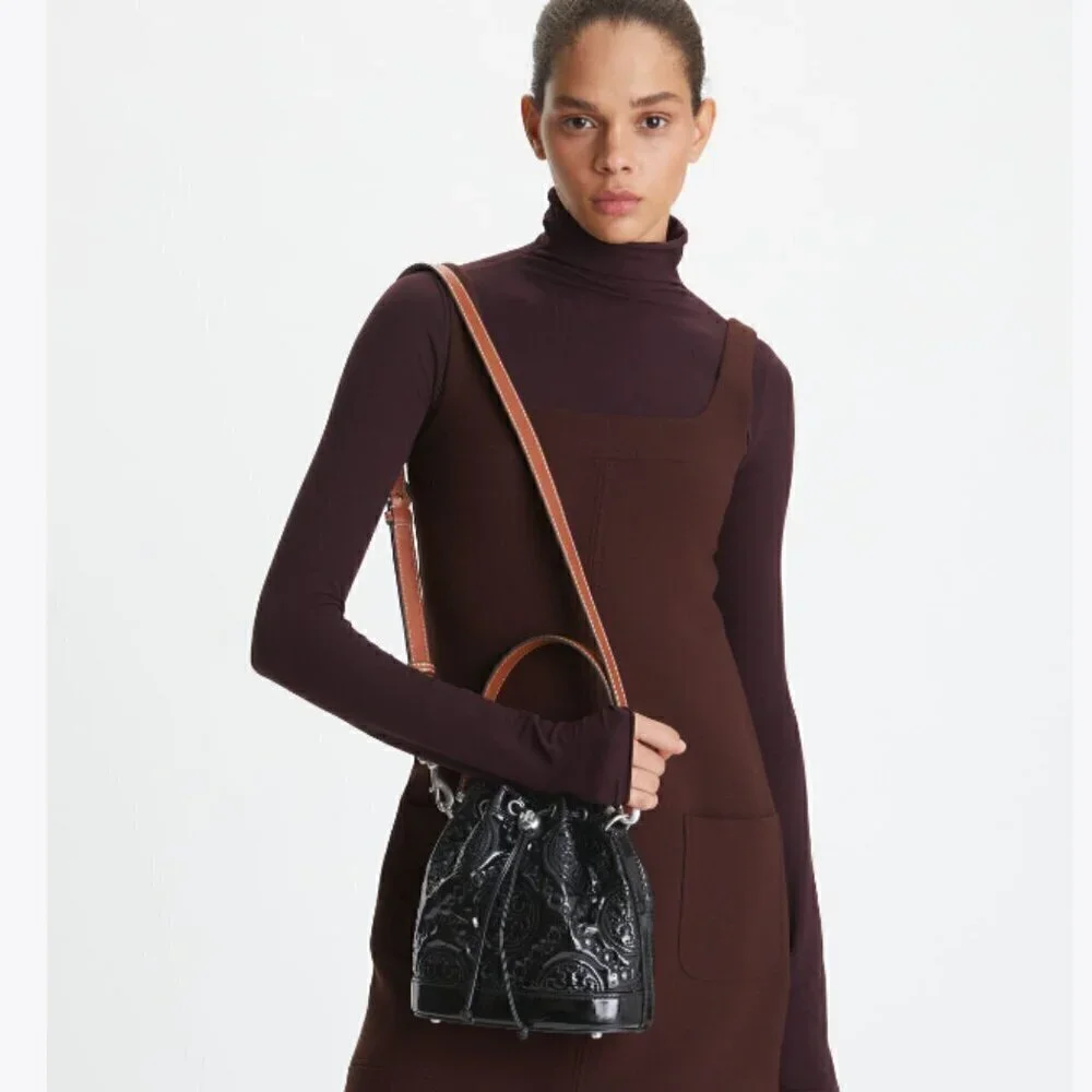 NWT! New! Tory Burch T Monogram Embroidered Patent Bucket Bag -BLACK Large